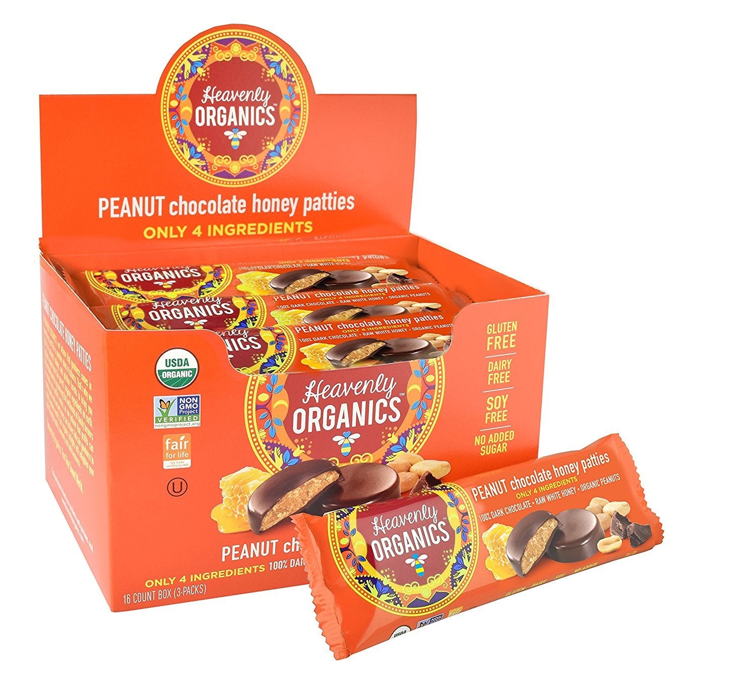 Heavenly Organics Peanut Chocolate Honey Patties (16 Per Box) Made With 100% Organic Cocoa And 100% Organic Raw White Honey Non-