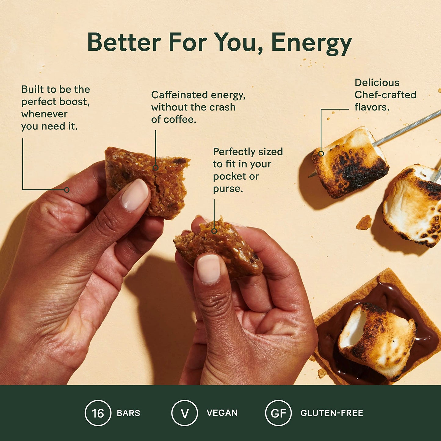 Verb Caffeinated Energy Bars Smores (26G, Pack Of 16) 110-Calorie Delicious Low Sugar Energy Bar - Vegan Gluten Free On-The Go Snack With 80Mg Green Tea Caffeine, Only Real-Food Ingredients