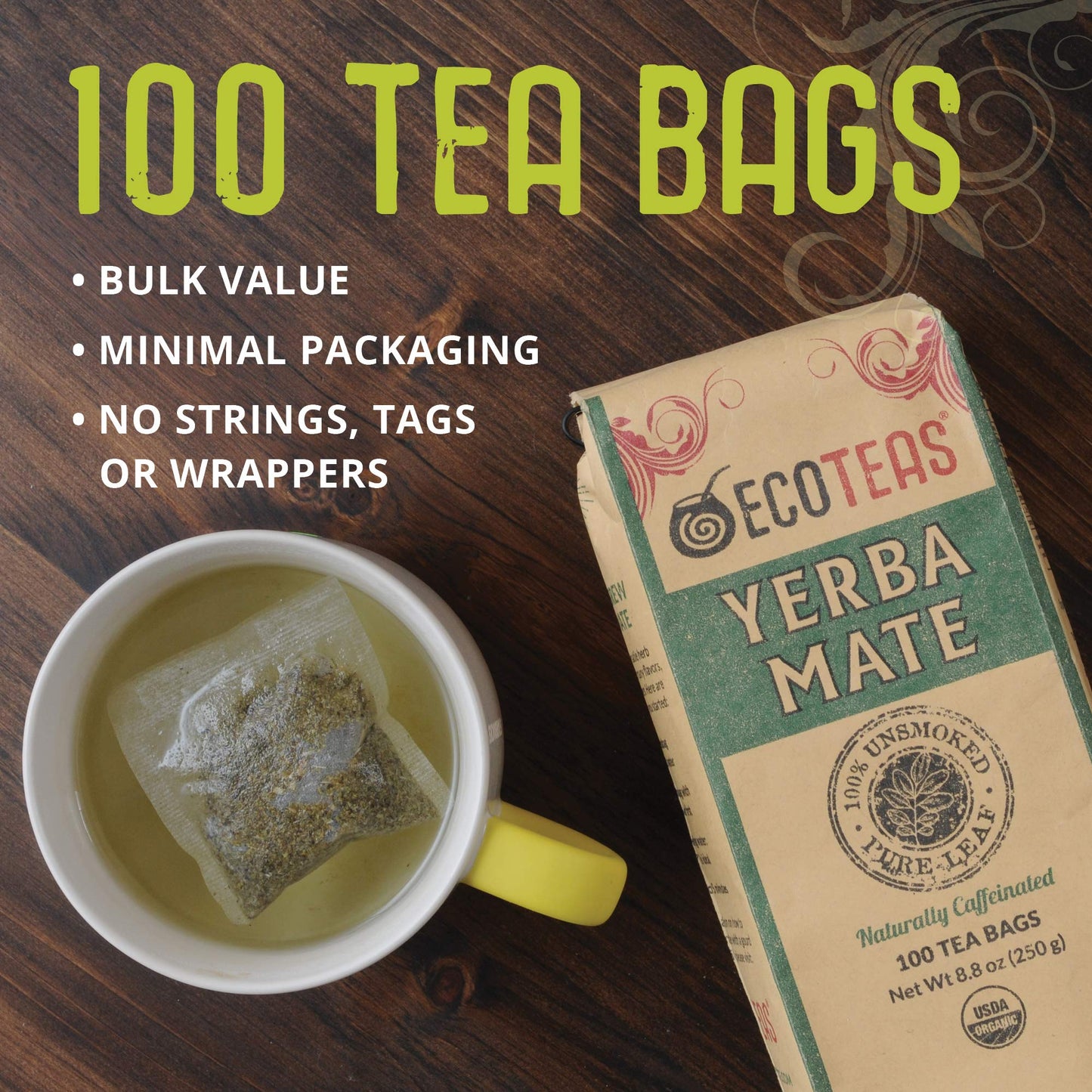 Ecoteas - Unsmoked Yerba Mate Tea - Yerba Mate Tea Bags - Yerba Mate Tea - Detox Tea - Hi Caf Tea - Organic Tea - Organic Detox Tea - Yerba Mate Unsmoked - Yerba Mate - 100 Tea Bags, 8.8 Oz - 3 Pack