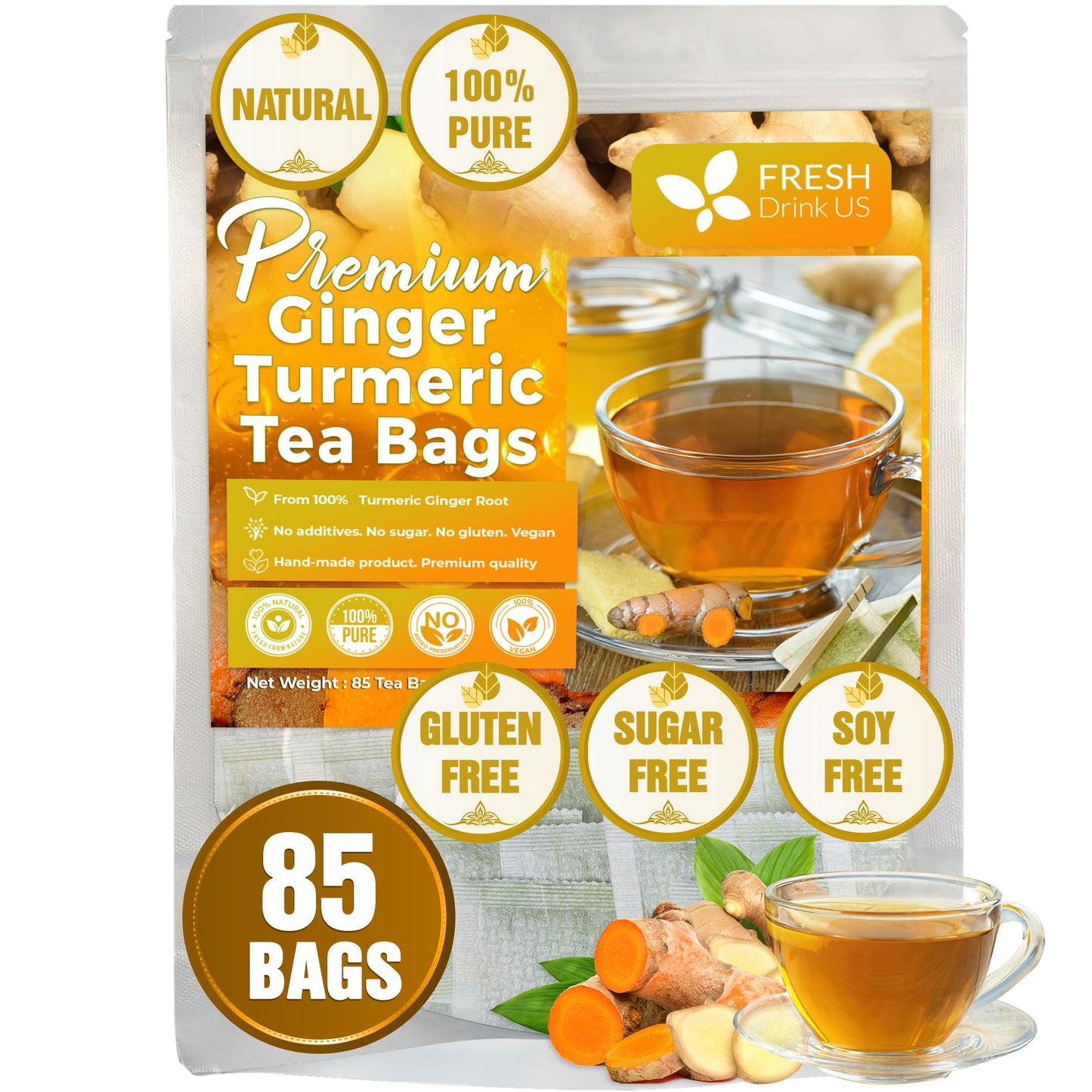 FRESHDRINKUS Ginger Turmeric Herbal Tea Bags, 100% Natural, Vegan, 85 Count