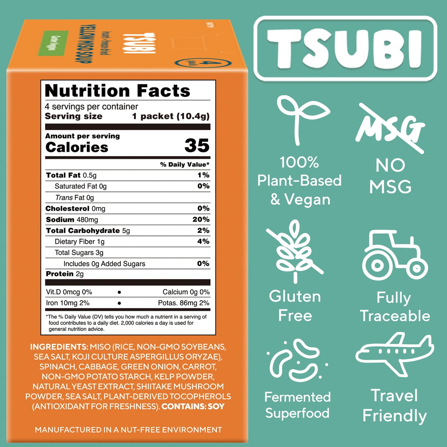 Tsubi Soup Freeze-Dried Miso Soup Packets - Vegan, Gluten-Free - 12 Packs