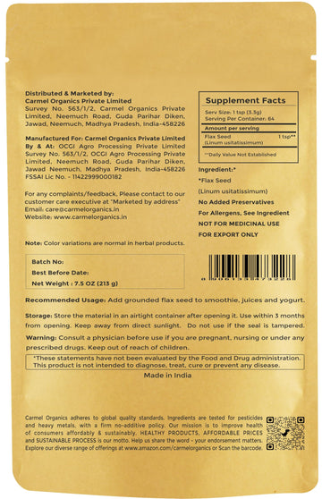 CARMEL ORGANICS Flax Seeds Whole, Non-GMO, 7.5 Ounce, High in Omega-3, No Added Preservatives