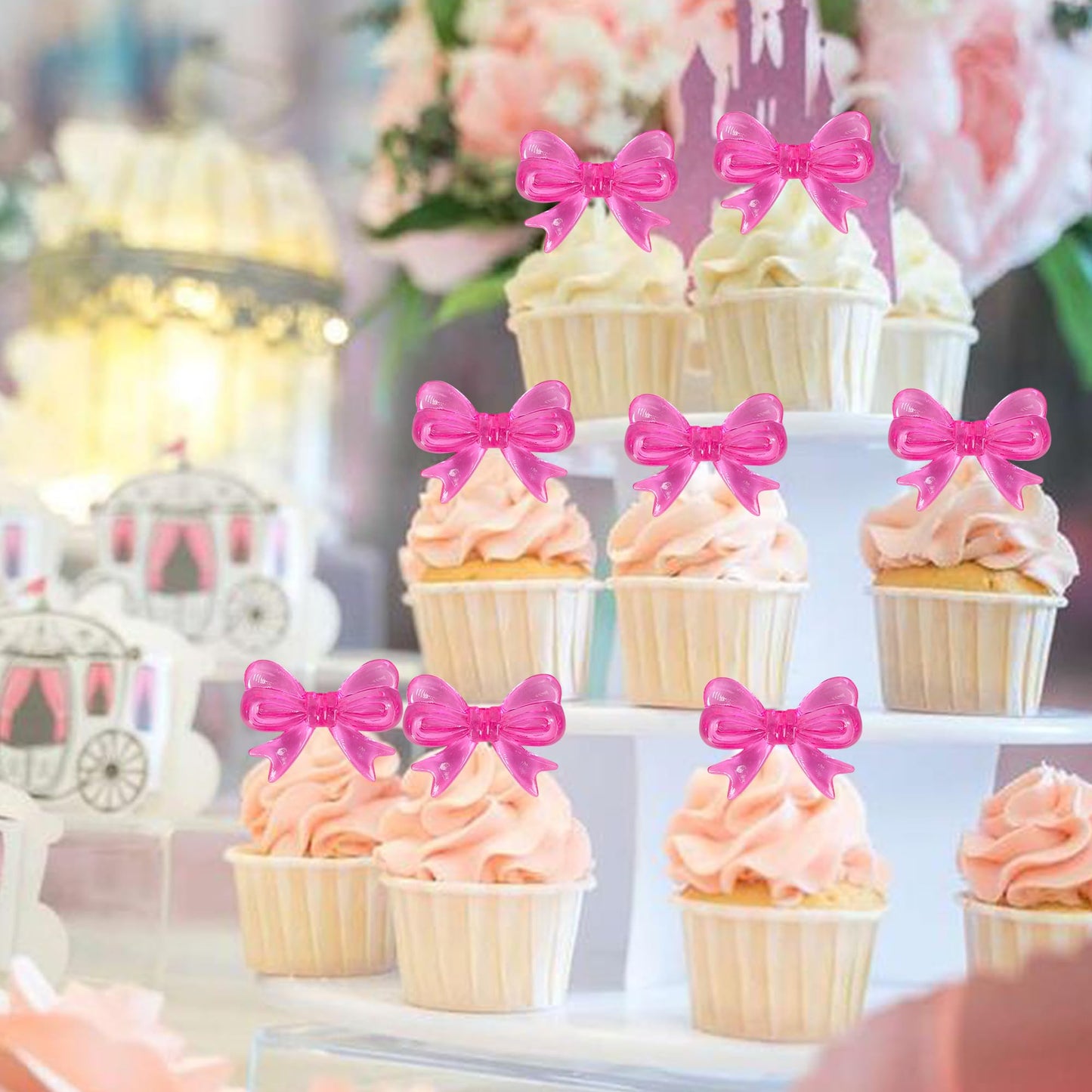 YCTHUNFISH 30 Pack Pink Bow Cupcake Toppers - Acrylic Cupcake Picks for Wedding, Bridal Shower, Birthday Party - Red