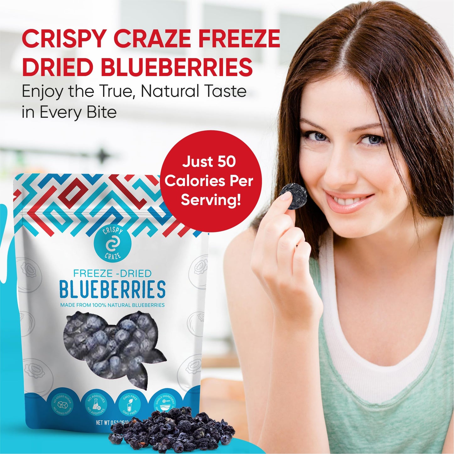 Crispy Craze Freeze Dried Blueberries (24 Snack Sized Bags, 0.52 Oz Each), Whole Blueberries Fruit Crisps, Non Gmo, Healthy Snac