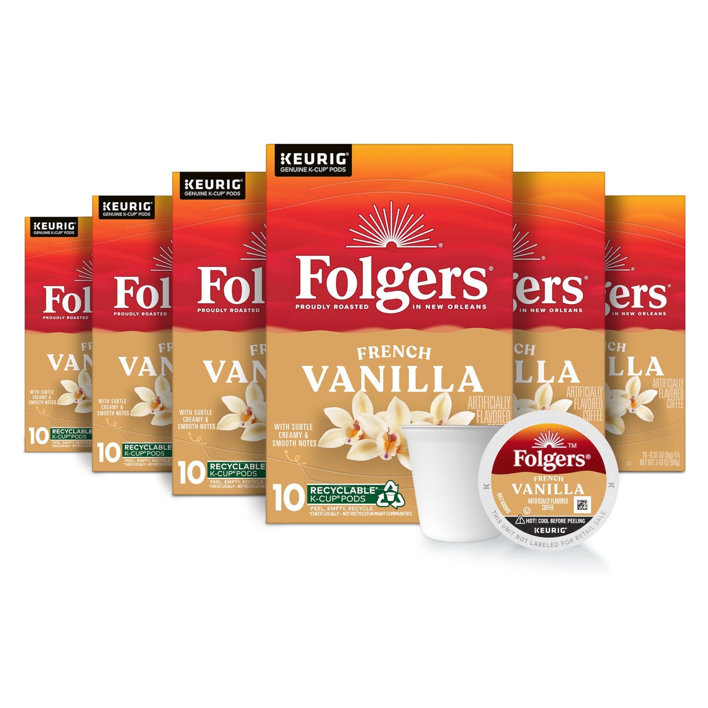 Folgers French Vanilla Artificially Flavored Coffee  Keurig K-Cup pods  10 Count Box (Pack of 6)