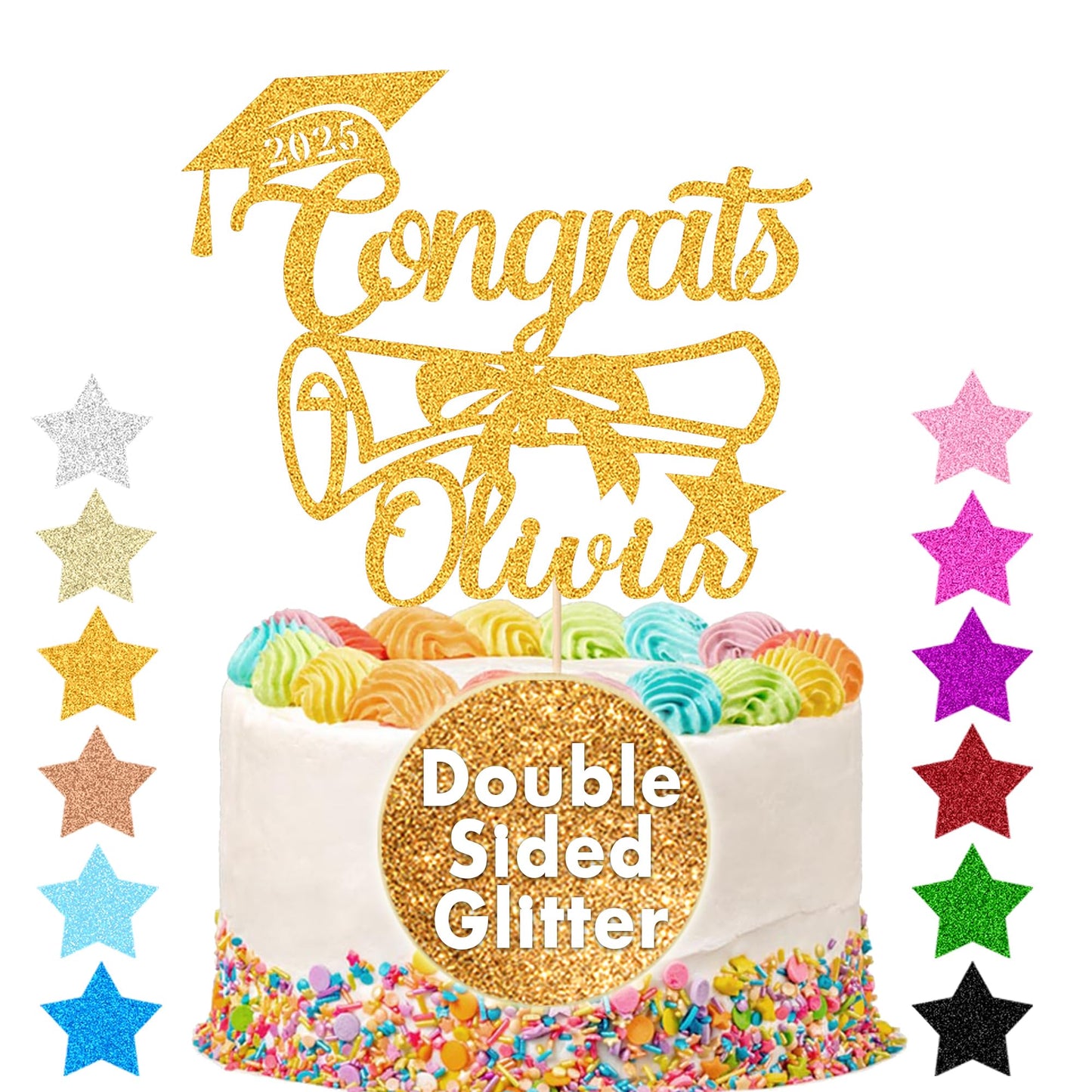 EDSG Personalized Graduation Cake Topper - Double Sided Glitter, Class of 2025, Gold