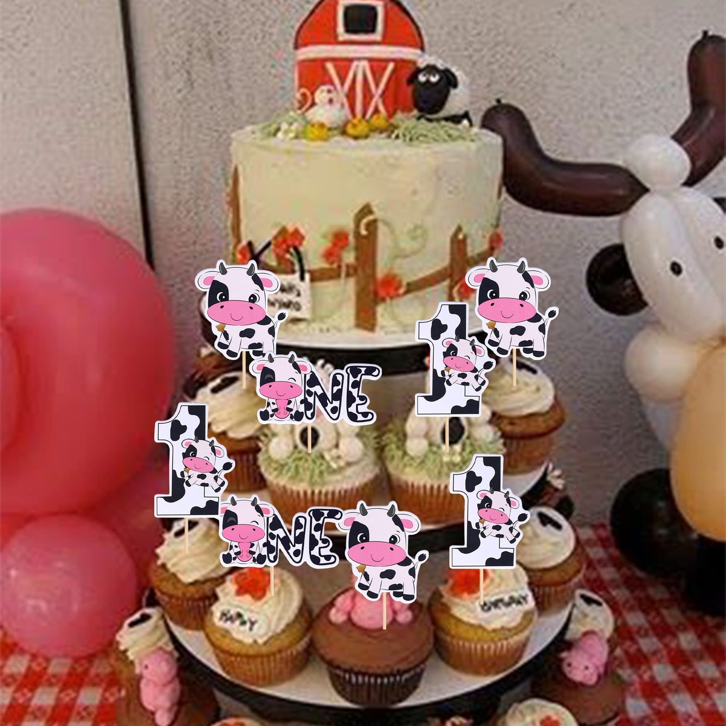 Rssta i Cupcake Toppers - 36 Pack Cow Farm Animals for 1st Birthday Baby Shower, Paper, Design 2, Model XM250-one