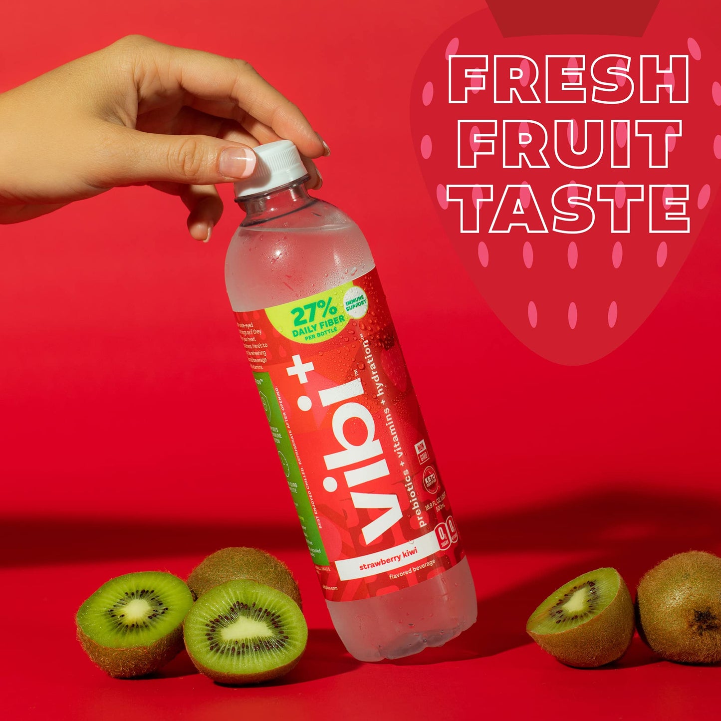 Vibi+ Strawberry Kiwi Prebiotic Water - Digestive Health Support - Sugar Free High Fiber Flavored Drink - Keto, Vegan, Healthy,