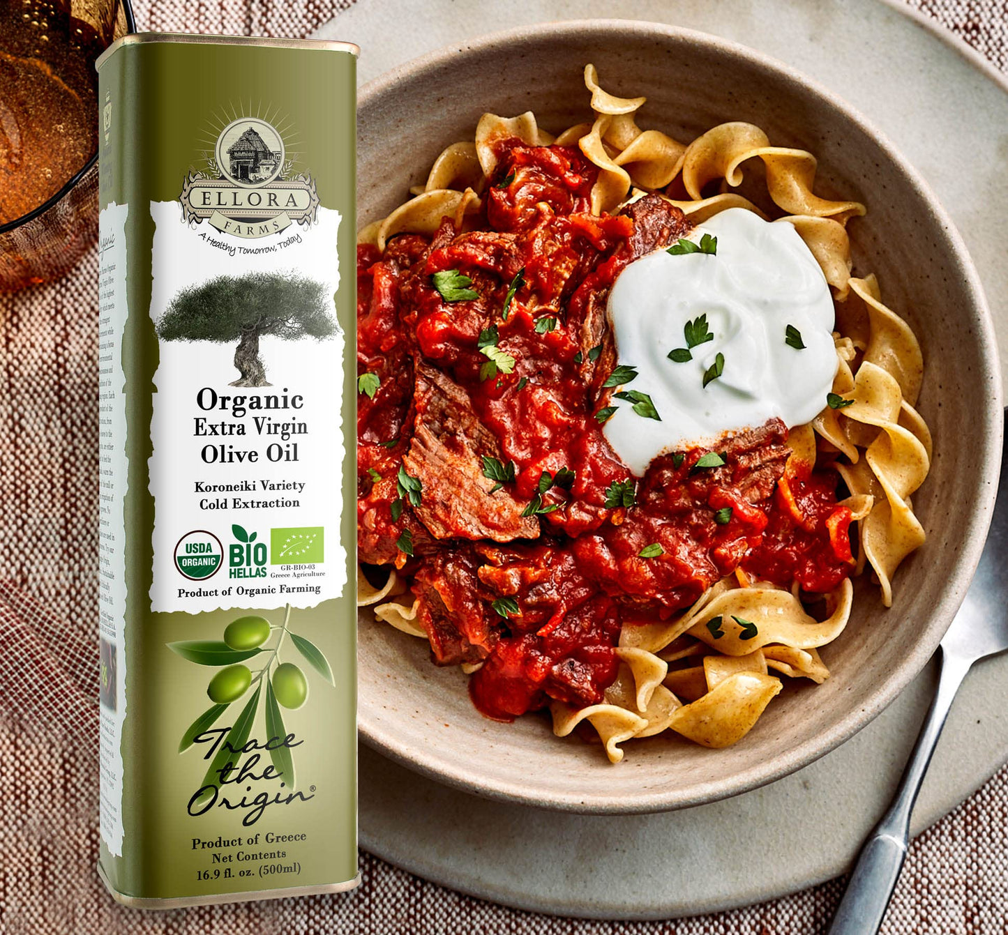 Ellora Farms Usda Organic Greek Extra Virgin Olive Oil, Traceable Olive Oil, First Cold Press, Single Origin, Kosher, 17 Oz. Tin