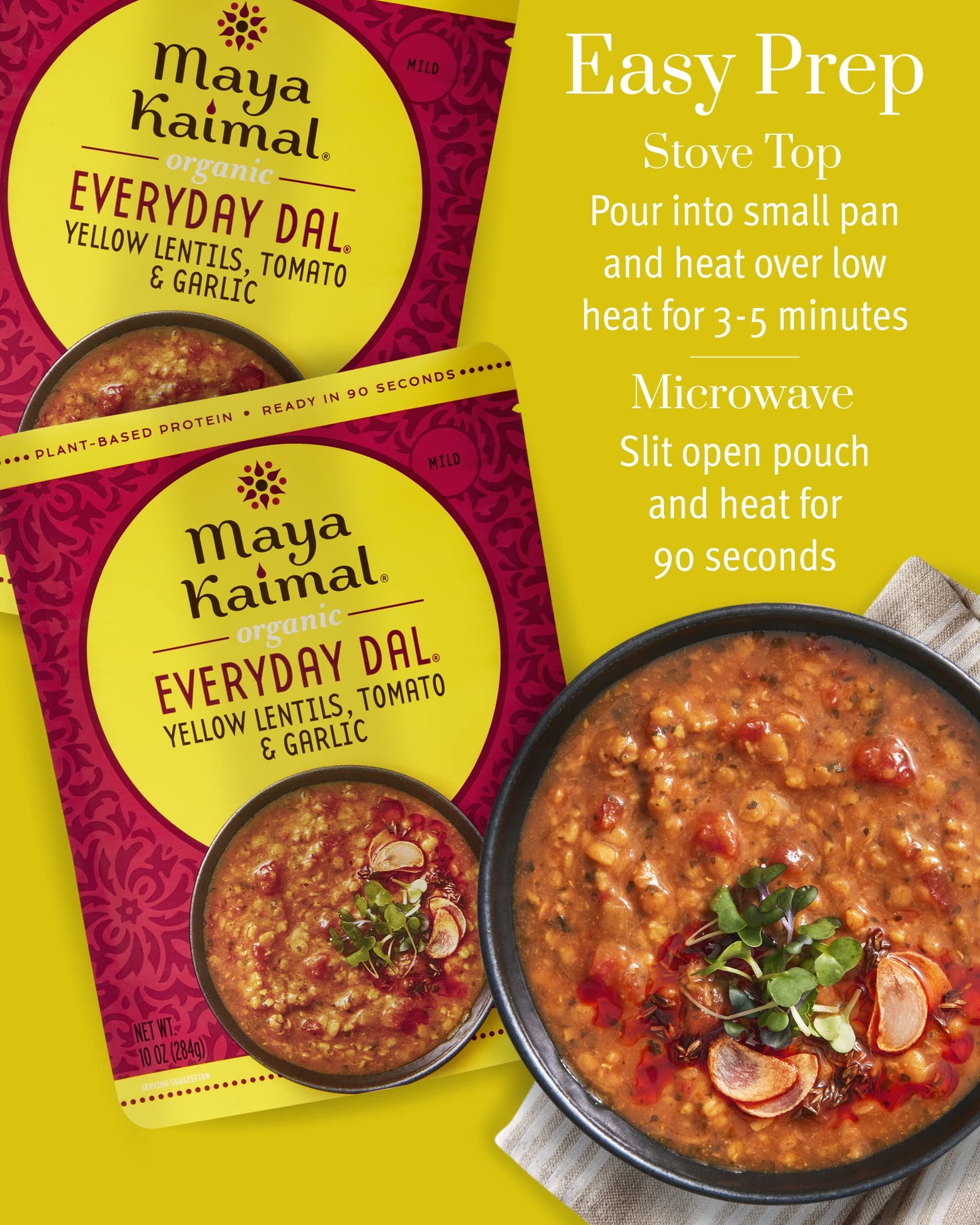 Maya Kaimal Foods Organic Indian Everyday Dal (Pack Of 3) - Fully Cooked Ready To Eat Meals W/Yellow Lentils, Tomato & Garlic -