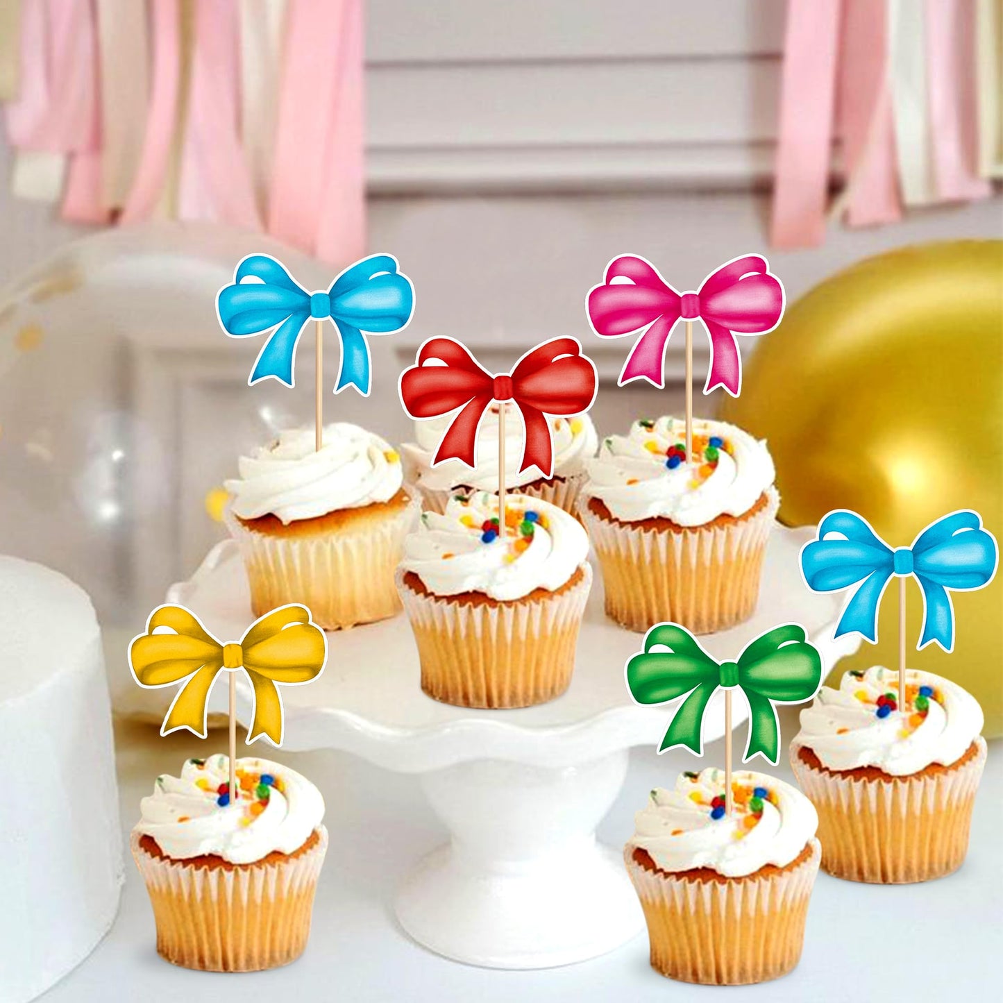 Cyodoos 24Pcs Color Bowknot Cupcake Toppers Cake Dessert Picks Decoration For Baby Shower Princess Cupcake Toppers For Birthday