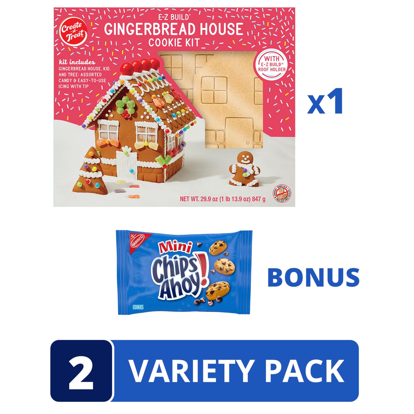 Create-A-Treat E-Z Build Gingerbread House Decorating Kit, Holiday Gift, 29.9 oz + Bonus CHIPS AHOY! Mini Cookie Snack Pack