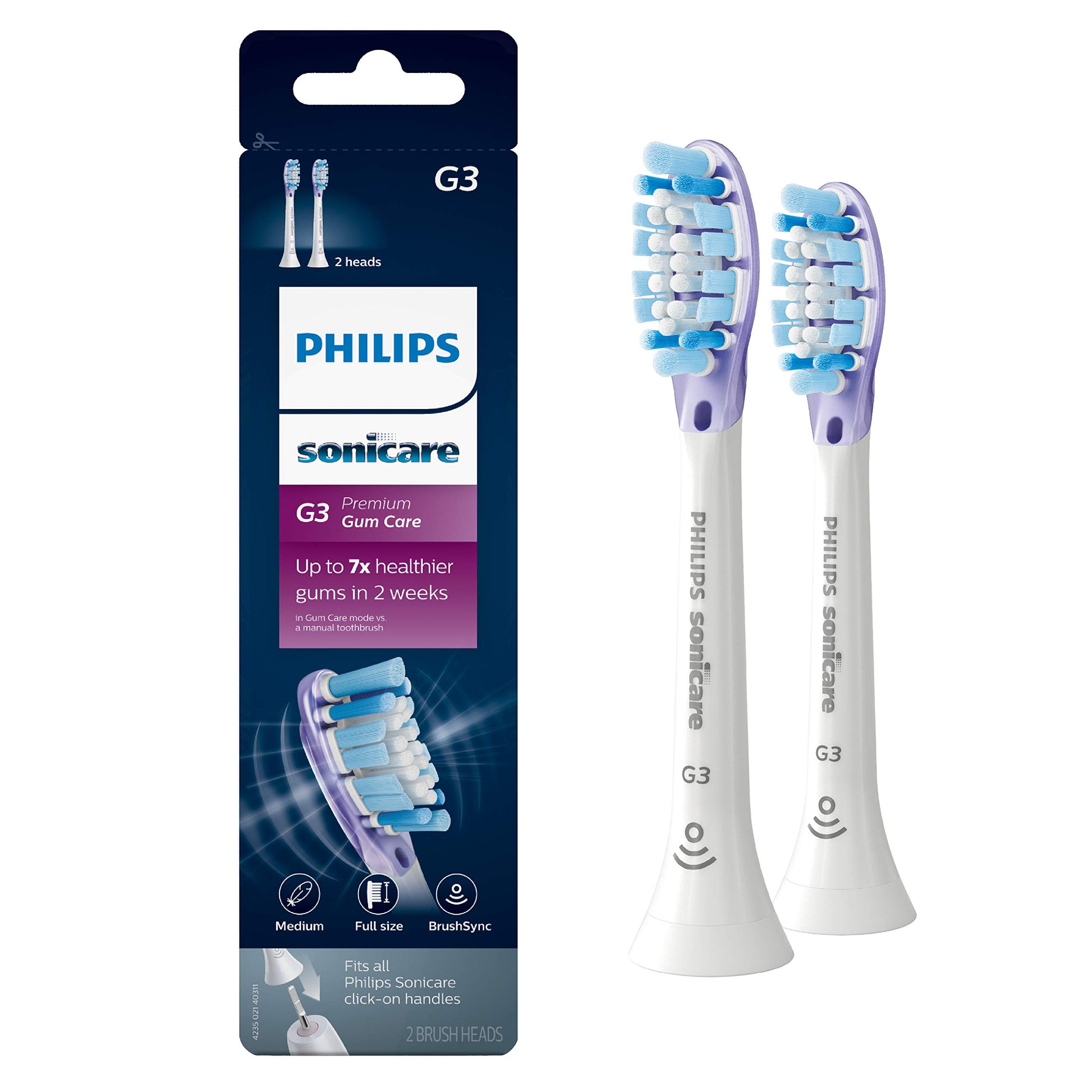 Philips Sonicare Genuine G3 Premium Gum Care Replacement Toothbrush Heads, 2 Brush Heads, White, Hx9052/65