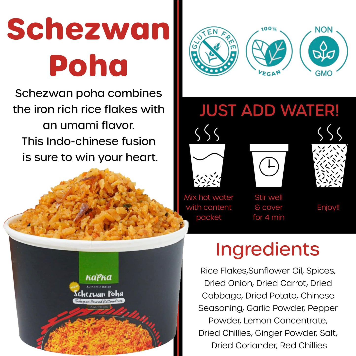 KAPKA Schezwan Poha Cups - Ready to Eat Vegan Meals - 5 Pack - 3.5oz/100g - Non-GMO