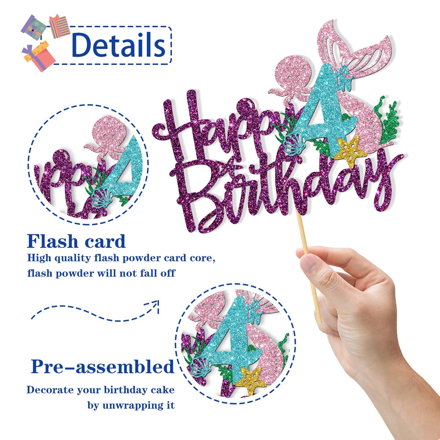 Roadsea Mermaid Happy 4Th Brithday Cake Topper - Under The Sea Theme Girl Kid Four Birthday Cake Supplies/Ocean World 4Th Mermai