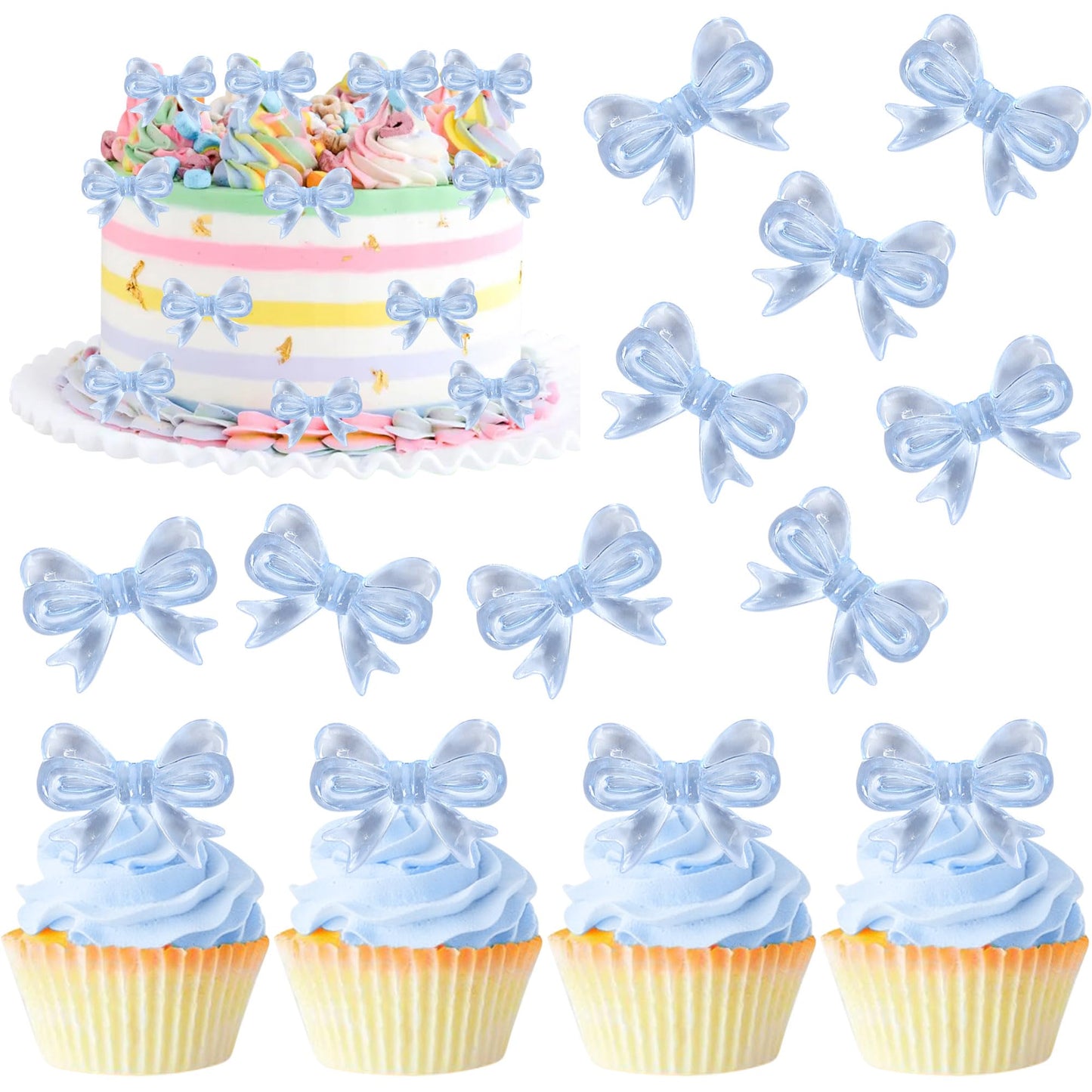 YCTHUNFISH 30 Pack Pink Bow Cupcake Toppers Paper Bowknot for Birthday Party, Wedding, Bridal Shower, Blue