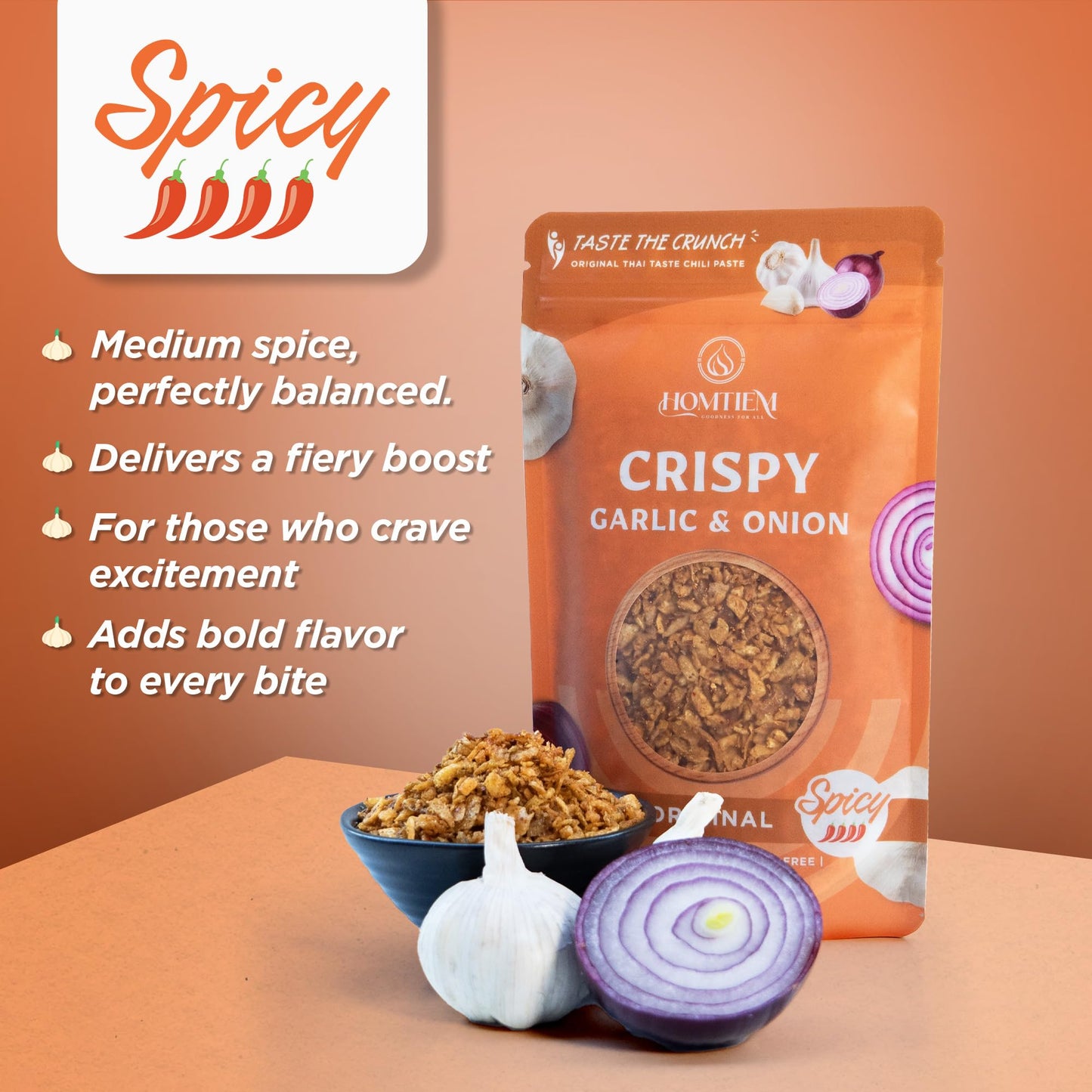 Homtiem Crispy Garlic & Onion : Original Spicy 3.5 Oz., Medium Spice, Versatile Seasoning, All-Natural, Non-Gmo, Vegan & Gluten-