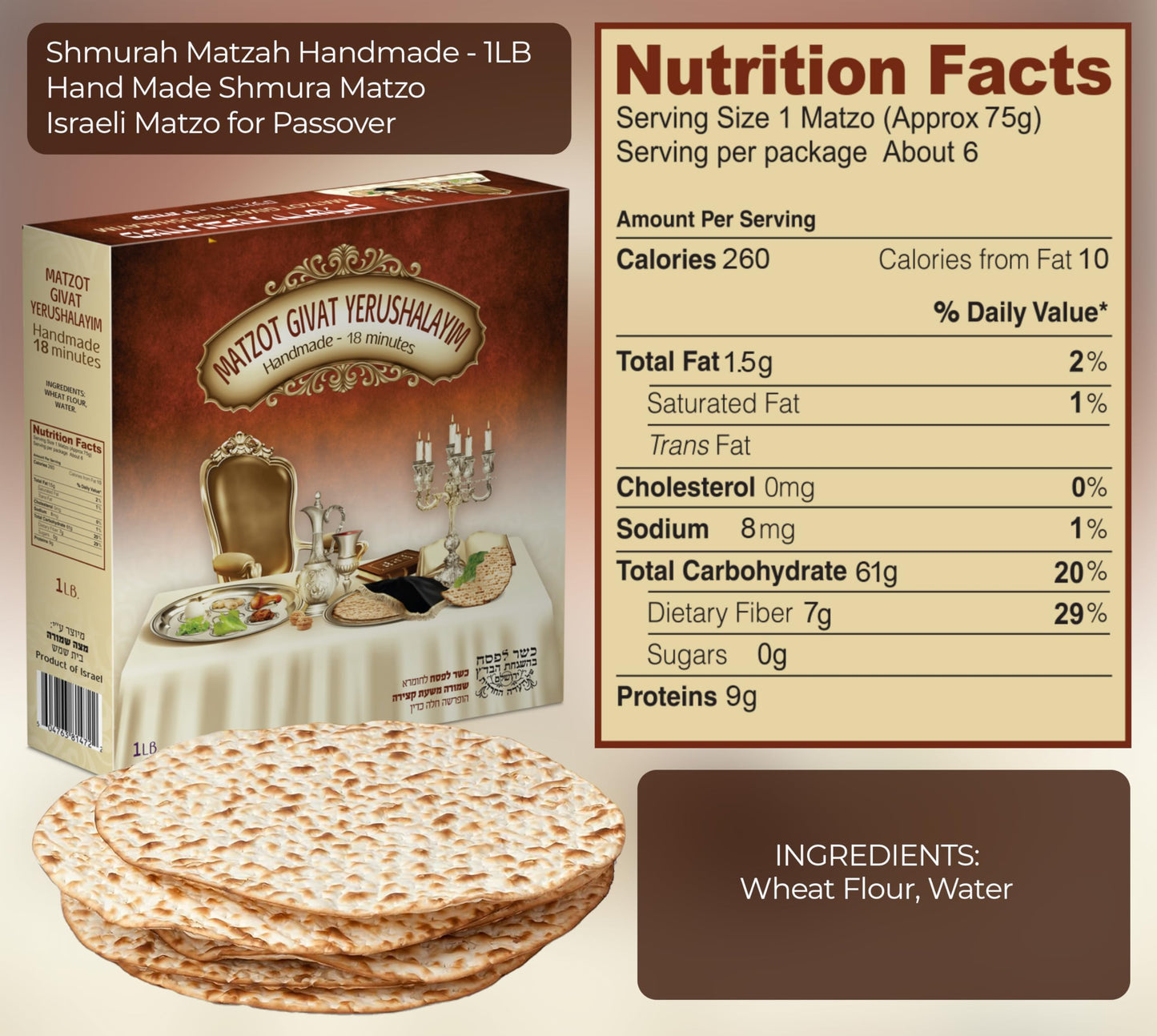 Matzot Givat Yerushalayim Shmurah Matzah Handmade - 1LB - Hand Made Shmura Matzo - Israeli Matzo for Passover