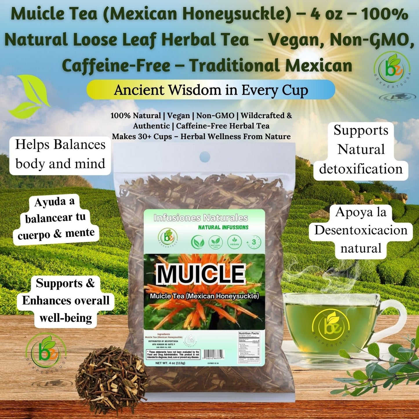 Muicle Herbal Tea (Mexican Honeysuckle) - 4 oz Loose Leaf - 100% Natural  Wildcrafted  Vegan  Non-GMO  Gluten-Free  Caffeine-Free - Authentic Mexican Herbal Infusion - by BexpertsUSA