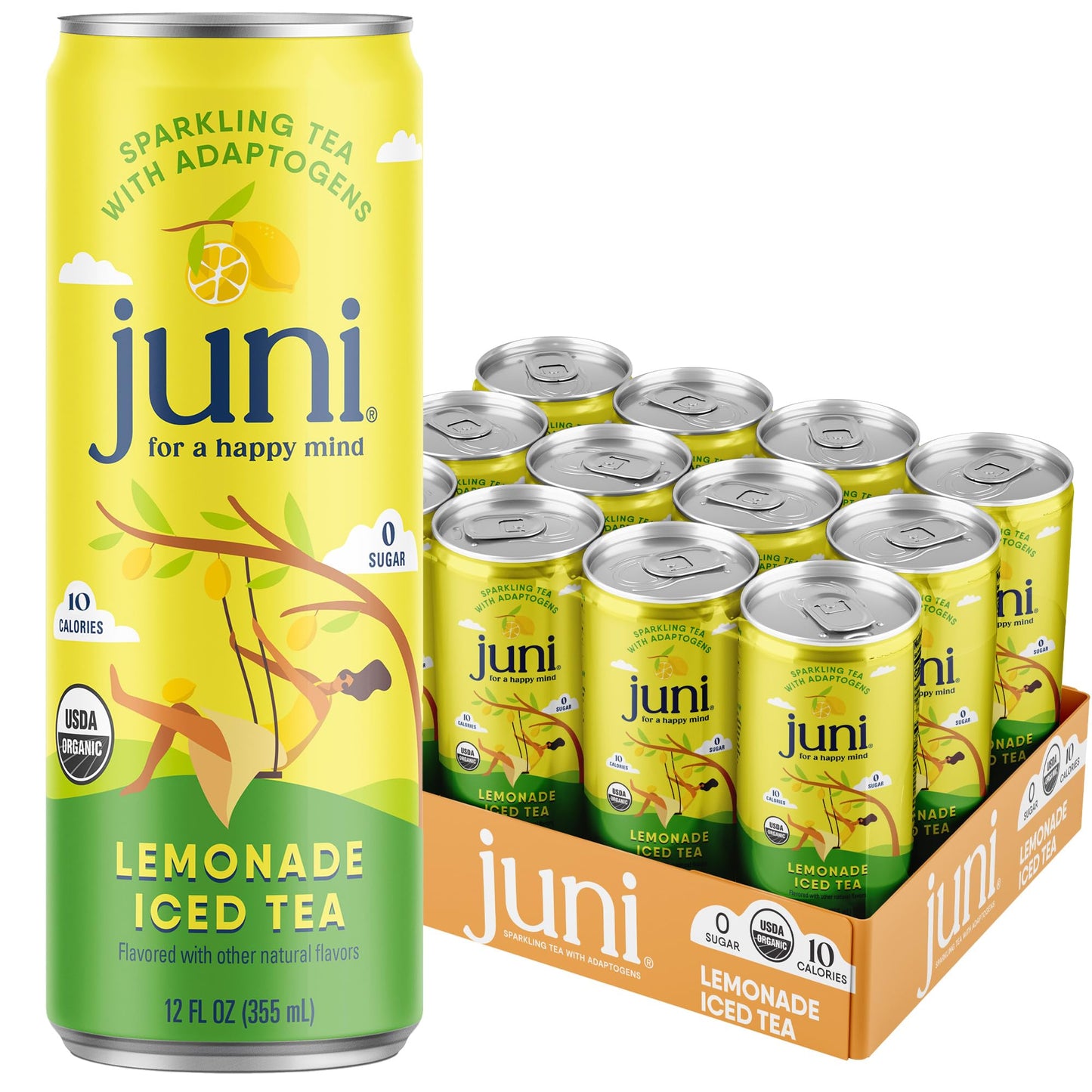 Juni Sparkling Adaptogen Drink with Ashwagandha  Lions Mane & Reishi Mushrooms | Green Tea for Focus  Zero Sugar  10 Calories  Organic | Non fermented-style flavoric Drinks - Lemonade Iced Tea 12 pack