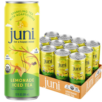 Juni Sparkling Adaptogen Drink with Ashwagandha  Lions Mane & Reishi Mushrooms | Green Tea for Focus  Zero Sugar  10 Calories  Organic | Non fermented-style flavoric Drinks - Lemonade Iced Tea 12 pack