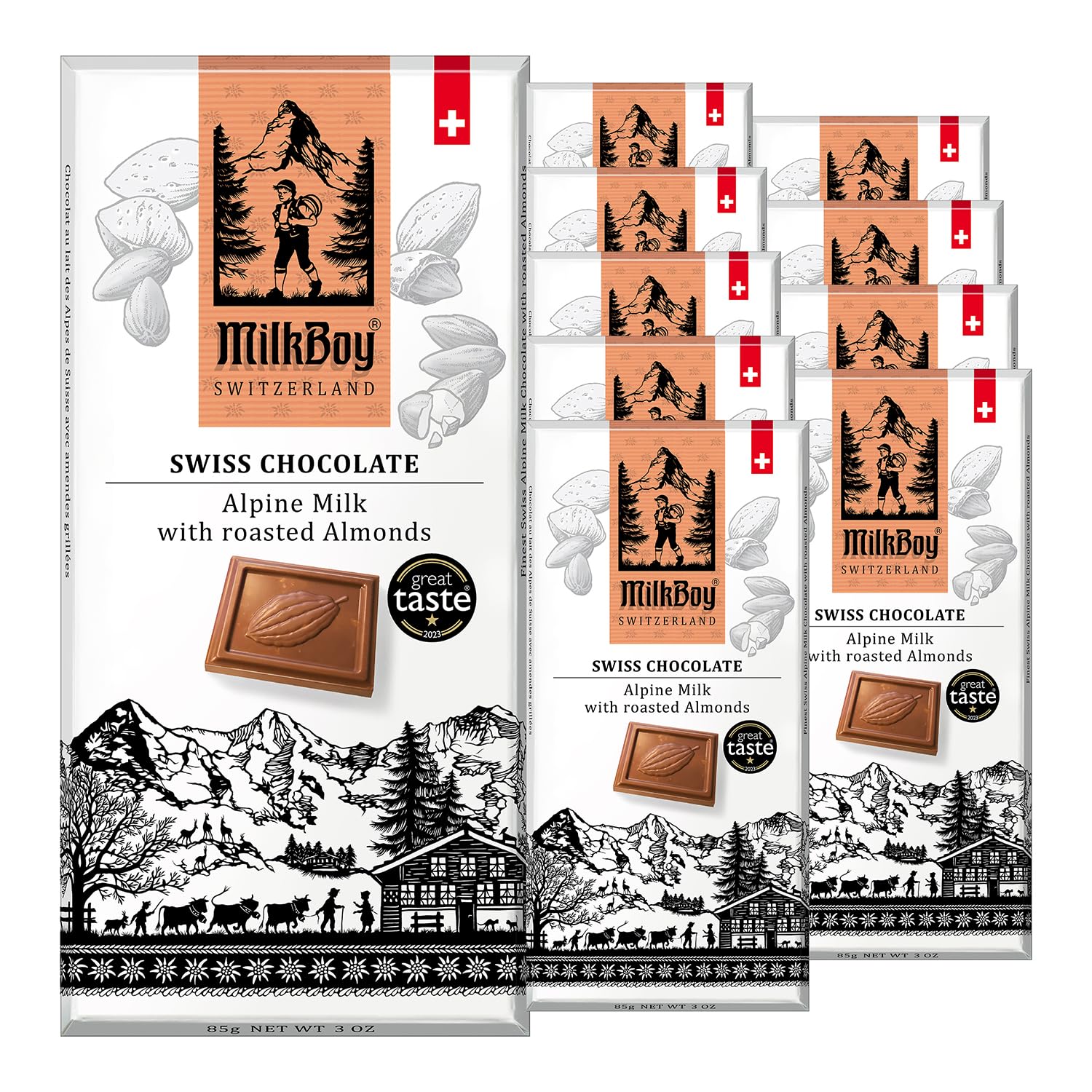 Milkboy Swiss Chocolates Almond Chocolate Bars - Top-Grade Swiss Alpine Milk Chocolate With Almonds - All Natural  Gluten-Free  Non-Gmo - Made In Switzerland  Kosher - 3 Oz  Pack 10