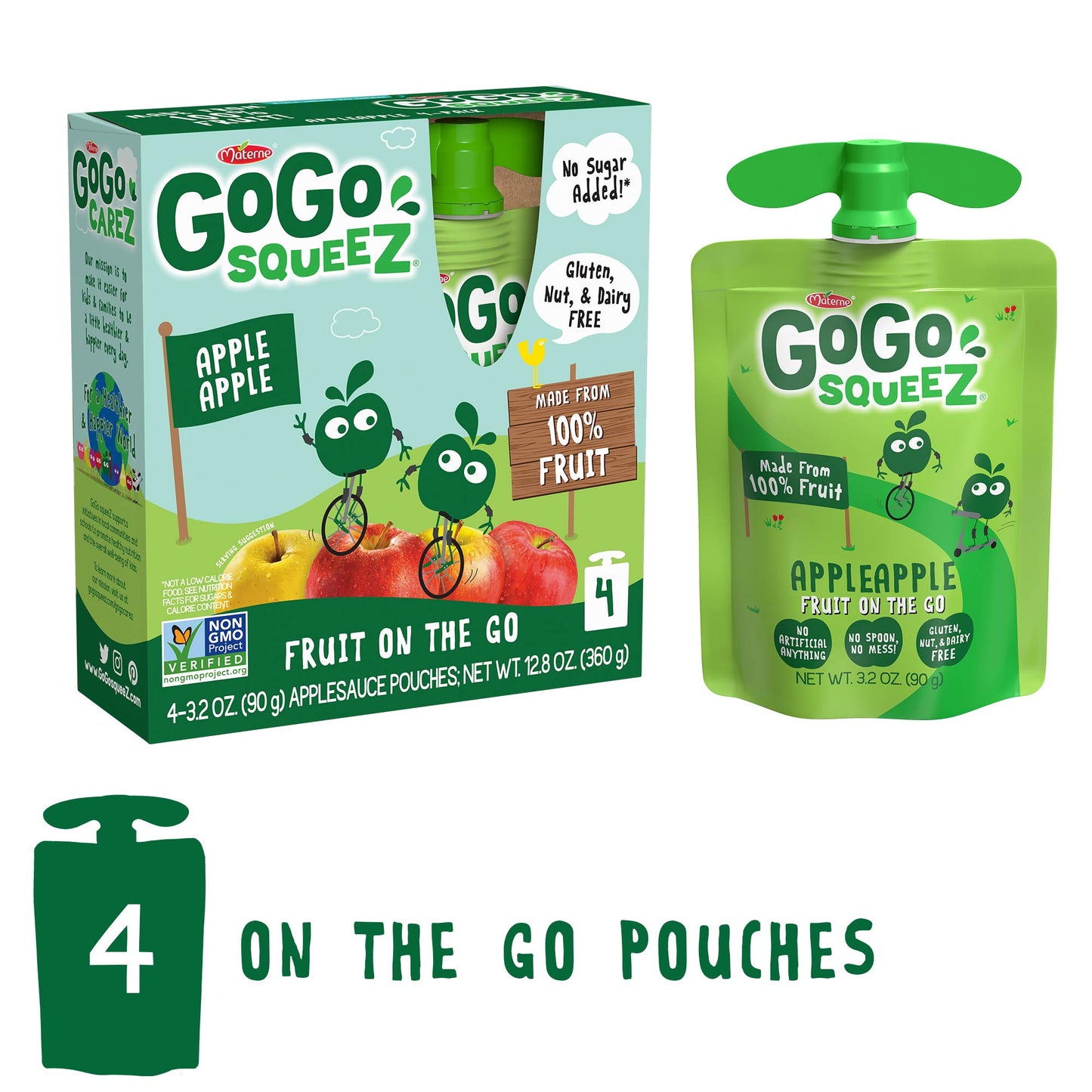 Gogo Squeez Applesauce, Apple Apple, 3.2 Ounce (4 Pouches), Gluten Free, Vegan Friendly, Unsweetened Applesauce, Recloseable, Bp