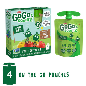 Gogo Squeez Applesauce, Apple Apple, 3.2 Ounce (4 Pouches), Gluten Free, Vegan Friendly, Unsweetened Applesauce, Recloseable, Bp