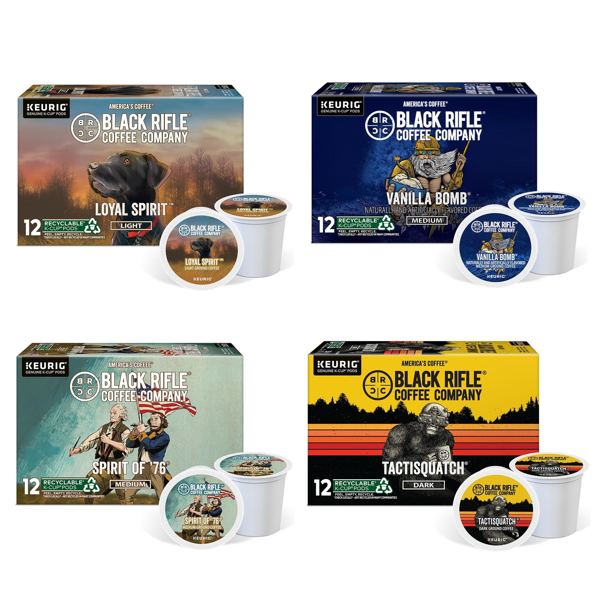 Black  Coffee Flavored Variety 48 Pods - Loyal Spirit (Light Roast)  Vanilla   & Spirit of 76 (Medium Roast)  Tactisquatch (Dark Roast) - K Cups Coffee Variety Pack