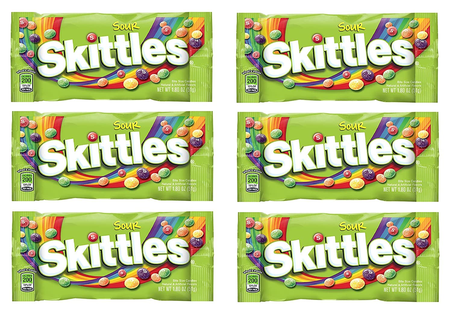 Skittles - Original, Wild Berry, Tropical, Smoothies, Sour, Brightside, All Lime - Full Size, Bite Size Candy, Individual Packs - Great For Holidays, Parties, Gifts & More ! (Sour - 1.8 Ounce, 6 Count)