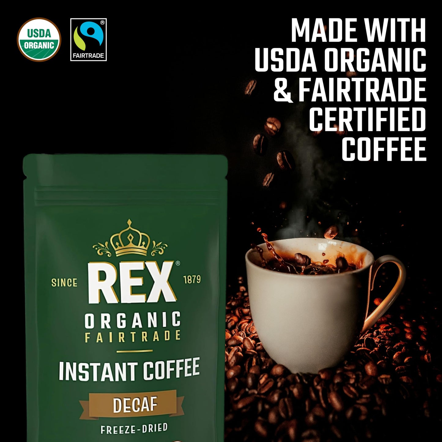 REX COFFEE Organic Fairtrade Decaf Instant Coffee – Naturally Decaffeinated Arabica, 7.05 oz Resealable Pouch