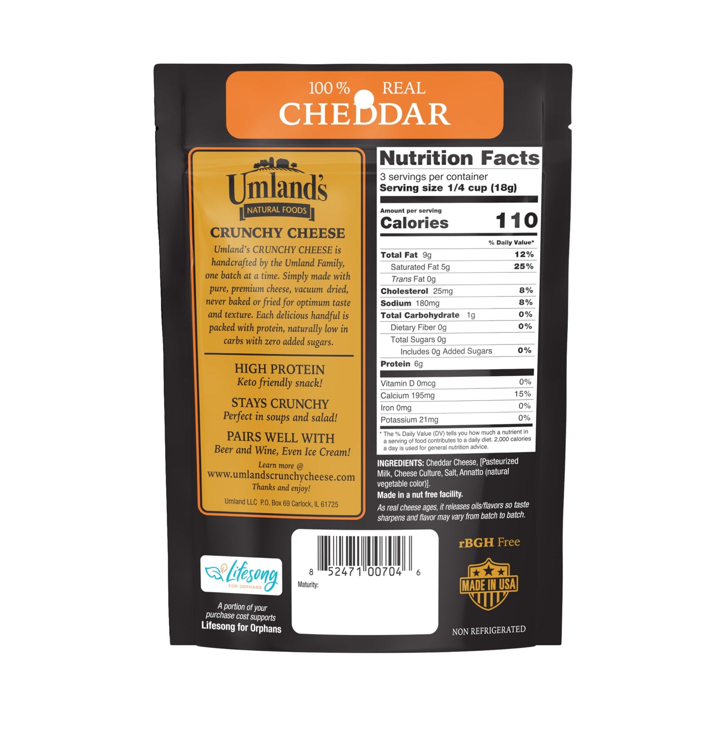 Umlands Crunchy Cheese - Cheddar (3      1.9  oz Bags) | 100% Real Wisconsin Cheese, Keto, Low-Carb, High-Protein, Gluten-Free,