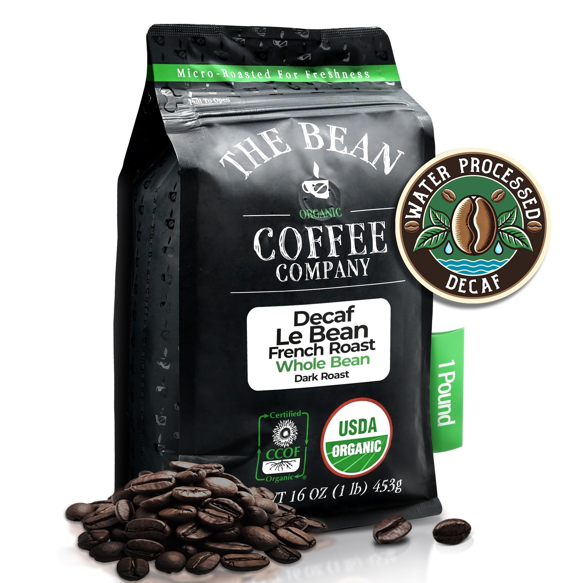The Bean Organic Coffee Company Water Processed Decaf Le Bean, Dark French Roast, Whole Bean Coffee, 16-Ounce Bag