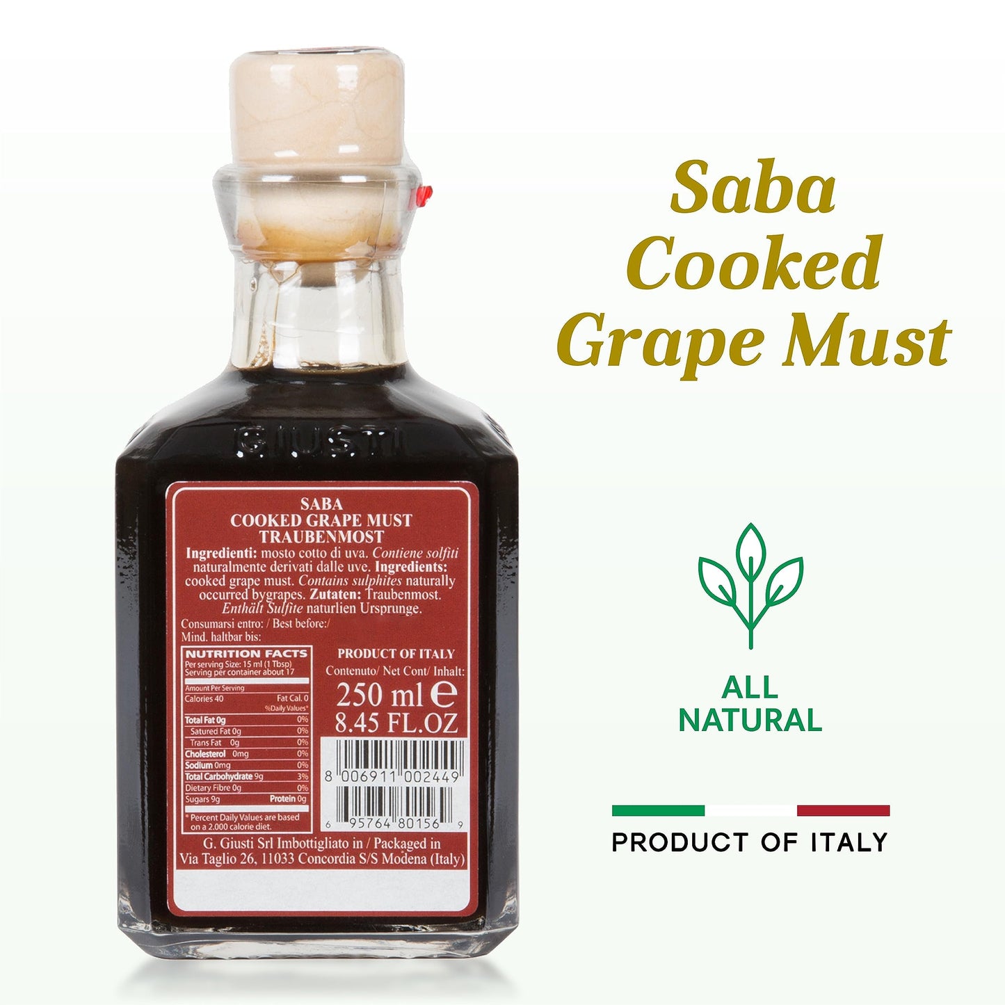 Giuseppe Giusti Saba - Italian Saba Cooked Grape Must Made In Modena, Italy - Gourmet Gift, Sweet And Fruity Flavor, 250Ml Bottl