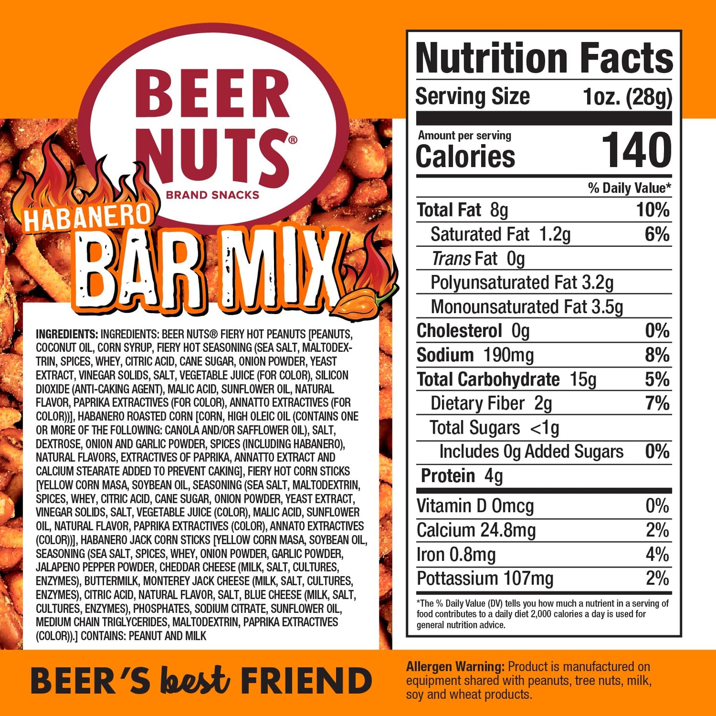 malt-inspired NUTS Habanero Bar Mix - Fiery Hot Peanuts and Corn Sticks - 20oz Resealable Bag