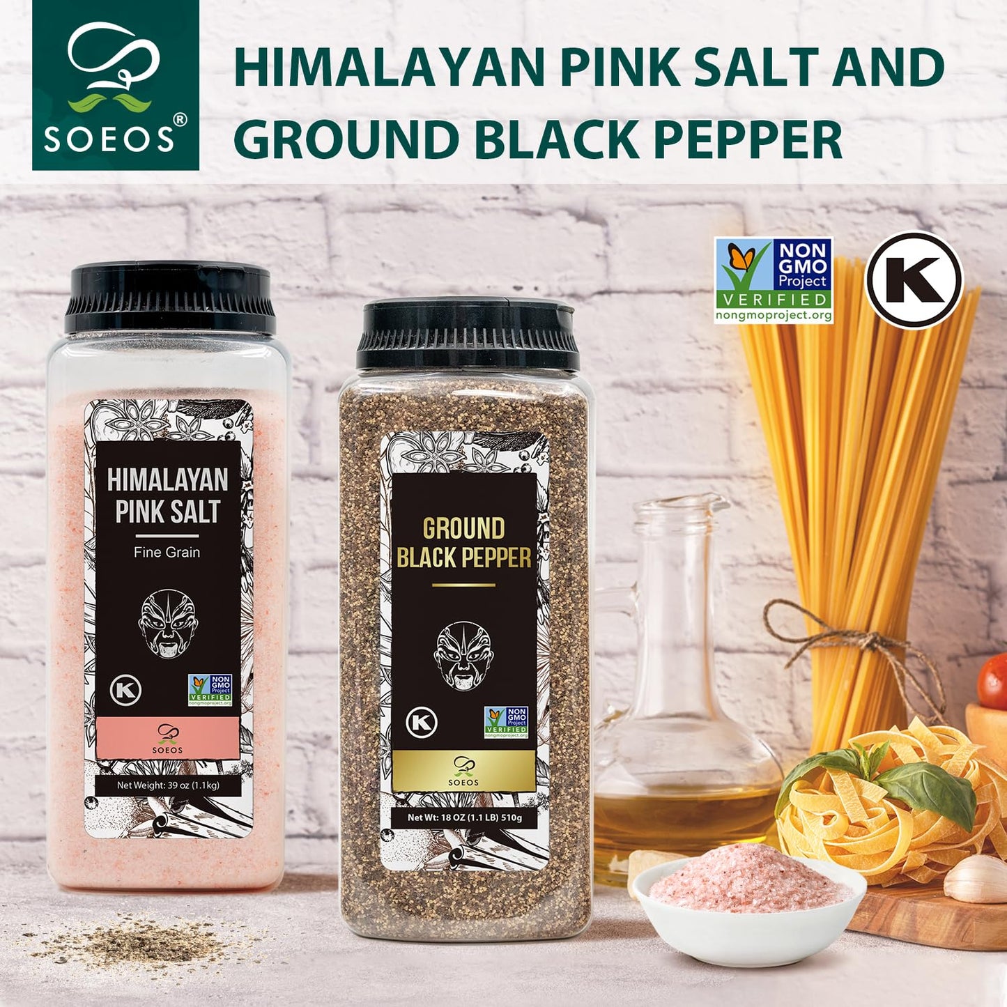 Soeos Himalayan Pink Salt Fine 39 oz + Ground Black Peppercorns 18 oz,Salt and Pepper for Grinder Refill