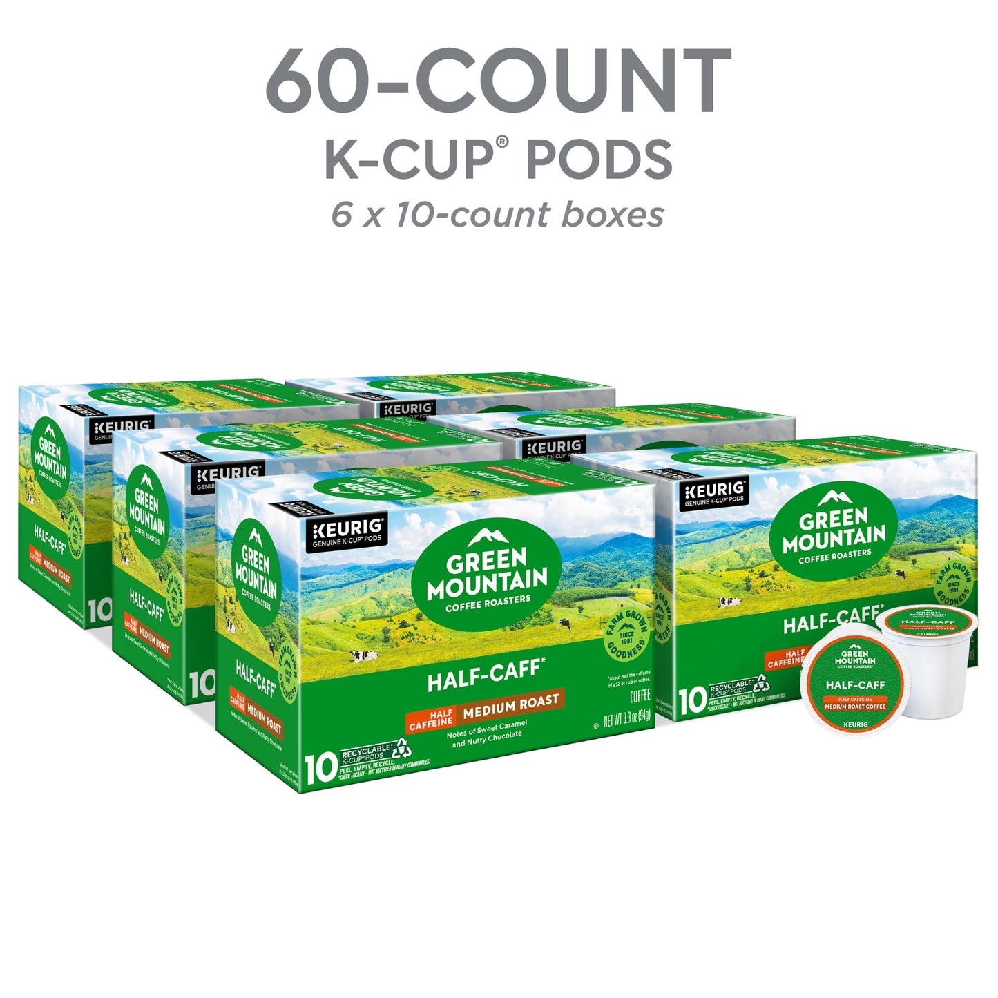 Green Mountain Coffee Roasters Half Caff K-Cup Pods, Medium Roast, 60 Count, 10 Count (Pack of 6)