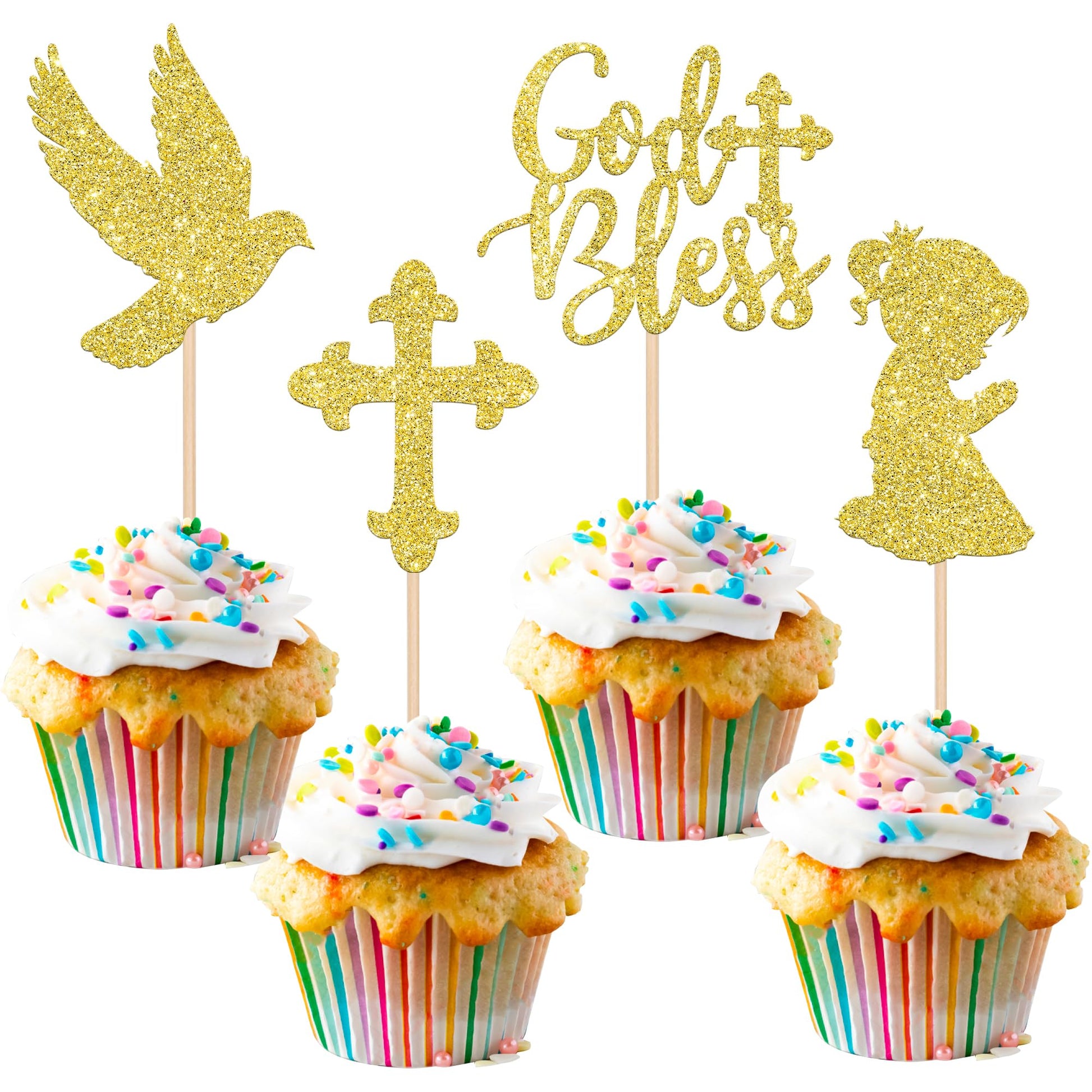 ZHUOWEISM Cupcake Toppers 24 PCS Gold Glitter Dove Baptism Picks Small Bamboo Design 1