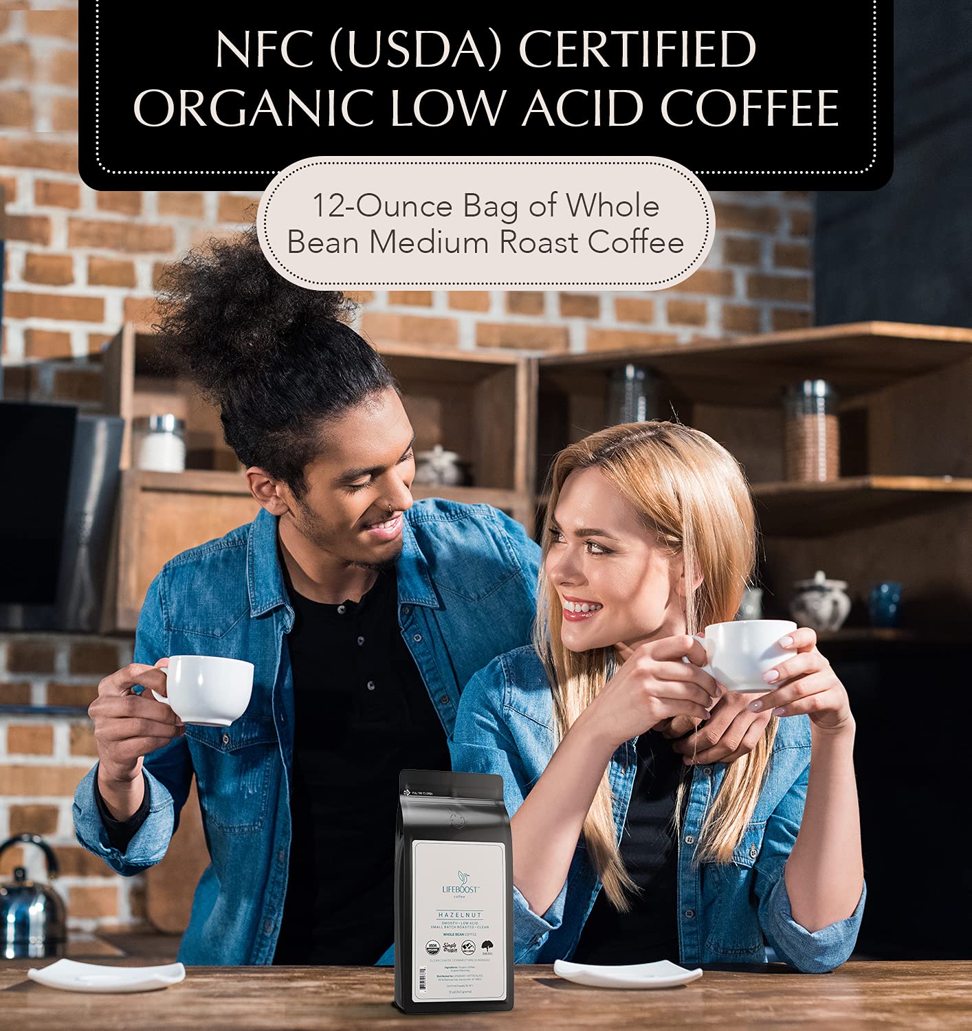 LIFEBOOST Hazelnut Whole Bean Coffee – Organic, Low Acid, Non-GMO – 12 oz