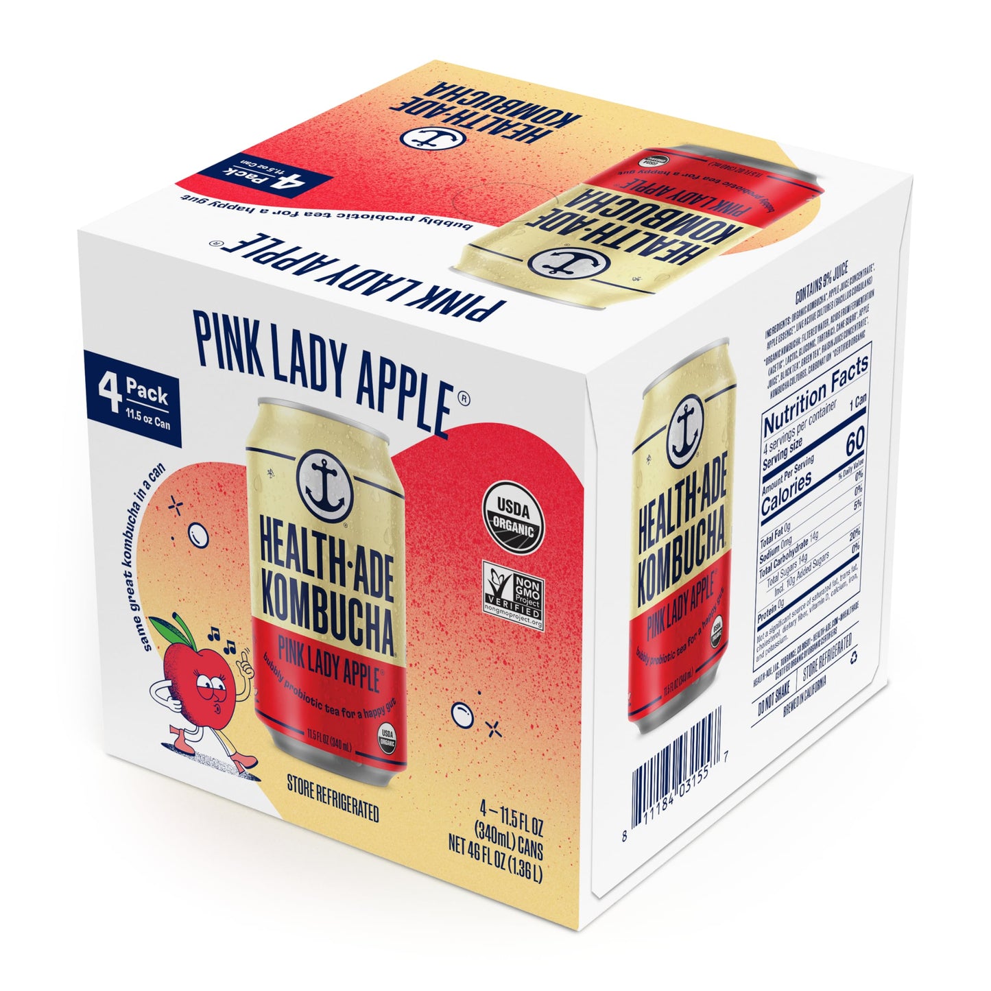 Health-Ade Pink Lady Apple Organic Kombucha, 11.5oz Cans 4-Pack