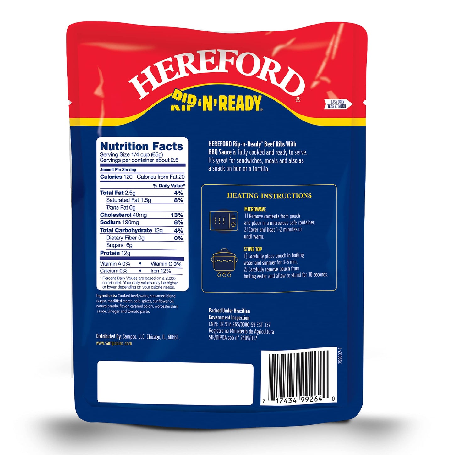 Hereford Beef Ribs with BBQ Sauce | Shelf Stable | Fully Cooked | Ready-to-Eat | Beef Raised with No Added Hormones | 12g of Pro