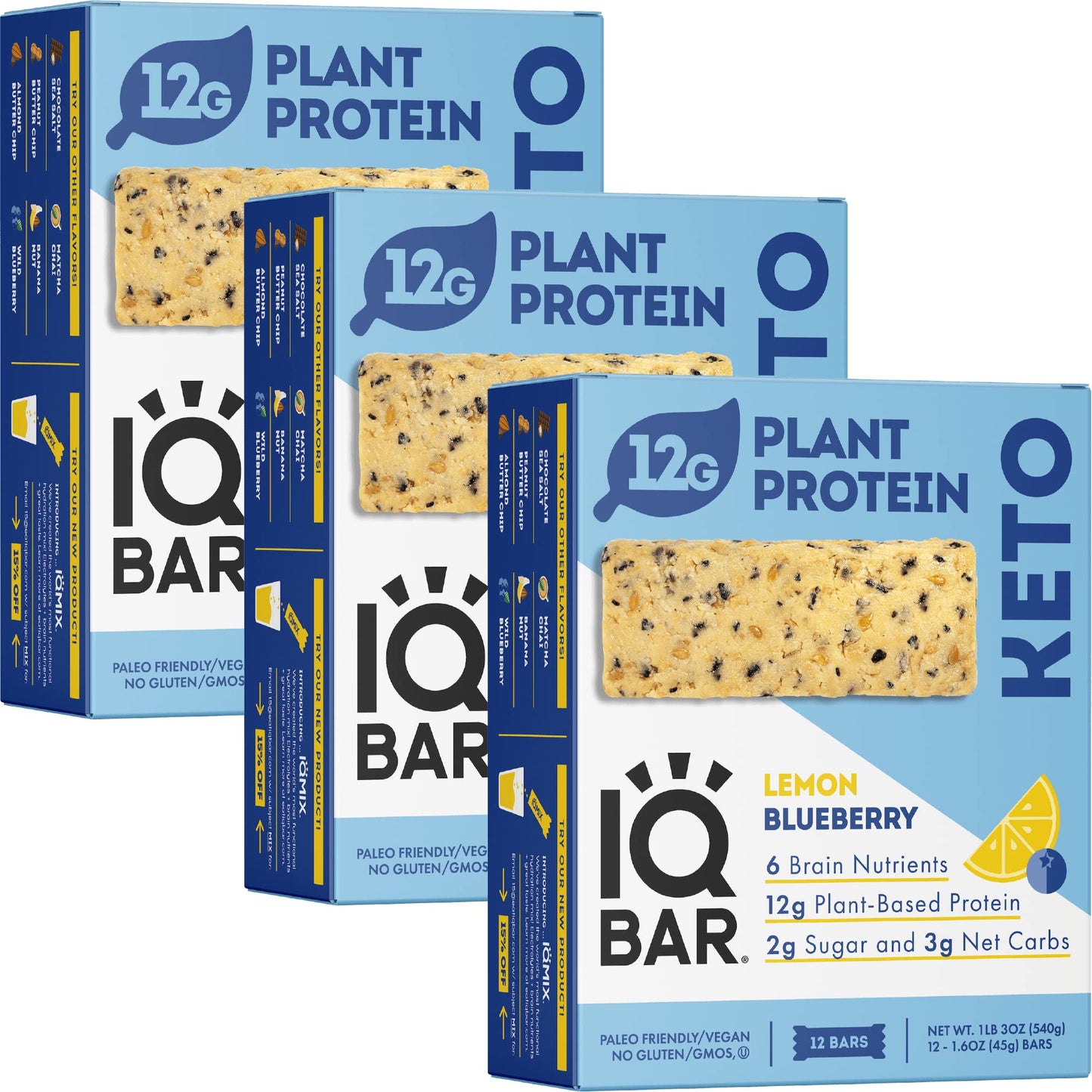 IQBAR Brain and Body Plant Protein Bars - Lemon Blueberry - 36 Count  Low Carb  High Fiber  Gluten Free  Healthy Vegan Snacks - Low Sugar Keto Bar