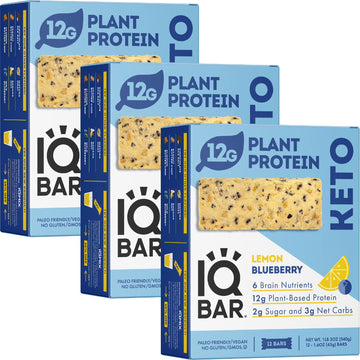 IQBAR Brain and Body Plant Protein Bars - Lemon Blueberry - 36 Count  Low Carb  High Fiber  Gluten Free  Healthy Vegan Snacks - Low Sugar Keto Bar
