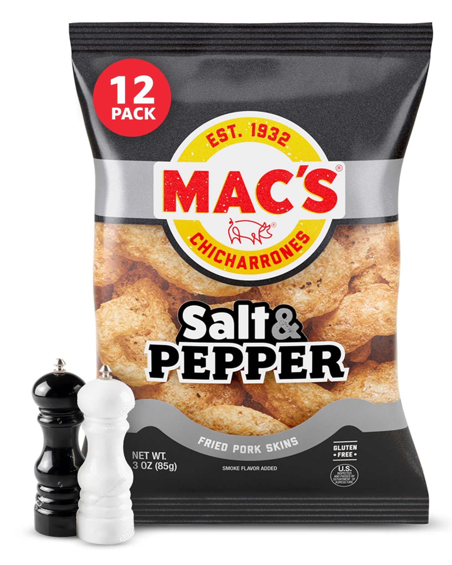 Macs Salt and Pepper Fried Pork Skins - Salt & Pepper Flavored Chicharrones Pork Rinds - Low Carb, Gluten-Free, Keto-Friendly S