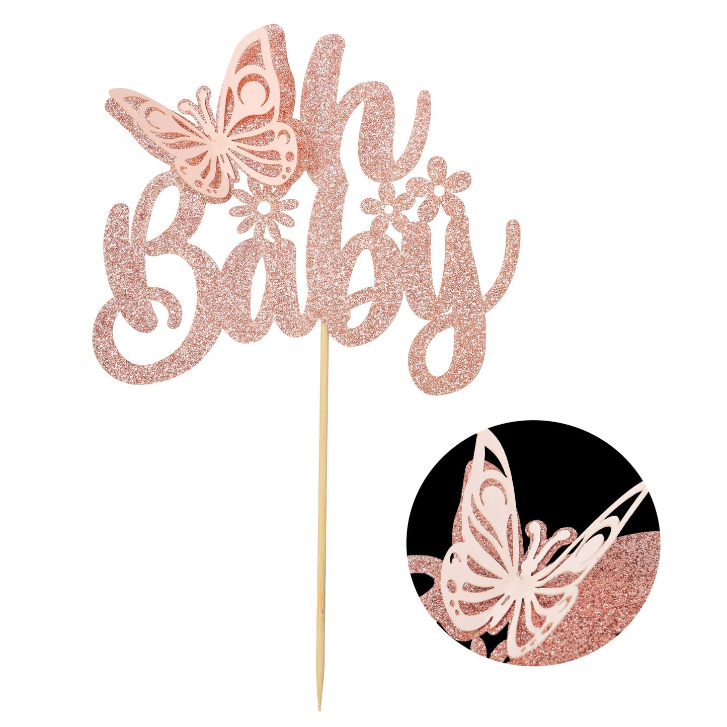 Gyufise 1Pcs Butterfly Oh Baby Cake Topper Rose Gold Glitter Baby Shower Butterfly Cake Pick Decorations For Gender Reveal Baby