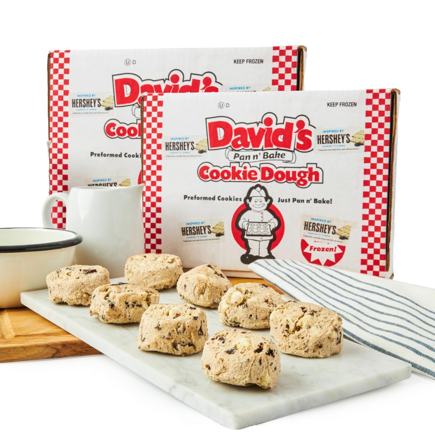 Davids Cookies Cookies and Cream Decadent Cookie Dough Ready to Bake Frozen Brown Sugar Dough with Chocolate Sandwich Cookie Pi