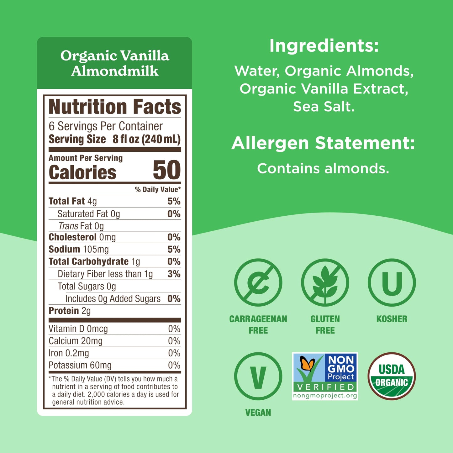 Califia Farms - Organic Vanilla Almond Milk, 48 Oz, Dairy Free, Vegan, Plant Based, Organic Milk, Non GMO, Low Calorie, USDA Org