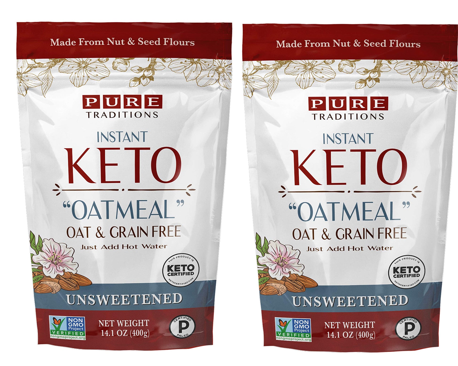 Keto Oatmeal, Instant Hot Cereal, Unsweetened, Certified Paleo, Keto Certified, Gluten & Grain Free (14.1 Oz) (2 Pack)
