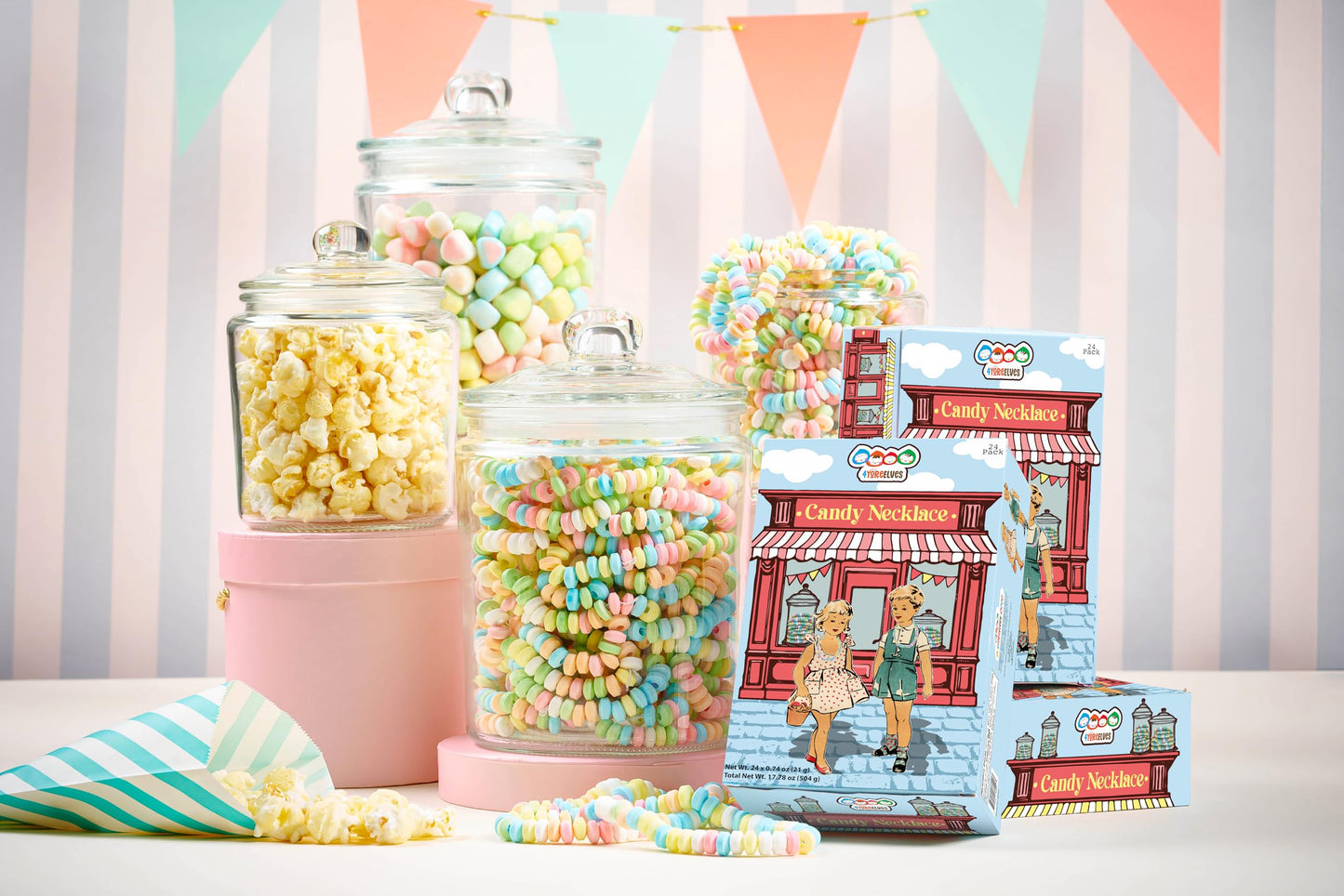 24 Pack Of Candy Necklaces Individually Wrapped, Choker Style, Nostalgic Pastel Candy Jewelry Perfect For Party Favors, Pinata F