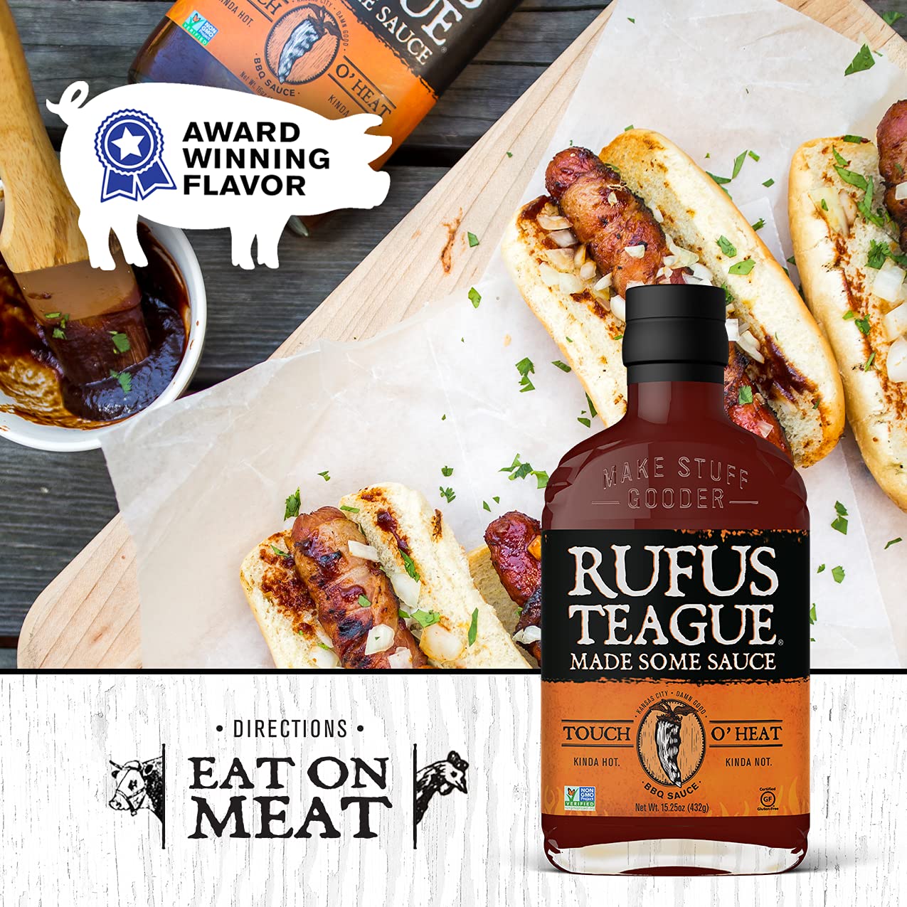 Rufus Teague - Touch O' Heat BBQ Sauce - Premium Barbecue Sauce - 15.25 oz. Bottles - 2 Pack